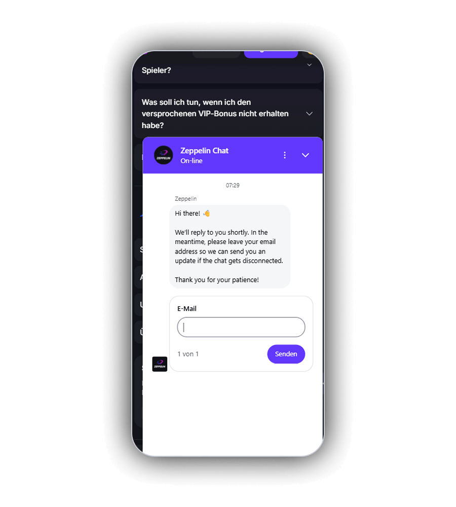 Zeppelin Chat auf dem Smartphone über der FAQ mit der Frage Was soll ich tun, wenn ich den versprochenen VIP-Bonus nicht erhalten habe, einem violetten Kopf Zeppelin Chat On-line, einer Begrüssung des Teams um 07:29 mit der Bitte um eine E-Mail-Adresse, einem Feld E-Mail und einem Knopf Senden