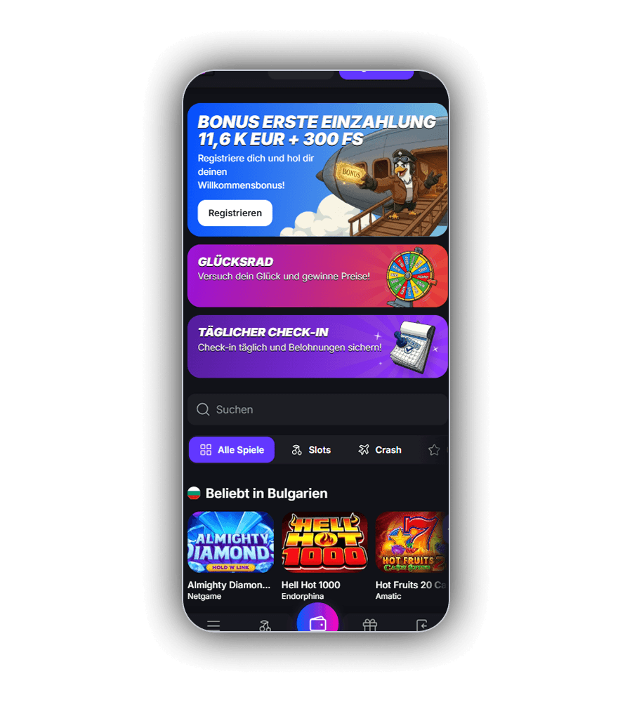 Zeppelin Spielhalle auf dem Smartphone mit dem Banner Bonus erste Einzahlung 11,6 K EUR plus 300 FS, einem Vogel als Pilot an der Gondel eines Luftschiffs, den Karten Glücksrad und Täglicher Check-in, einem Suchfeld, den Reitern Alle Spiele, Slots und Crash sowie der Reihe Beliebt in Bulgarien