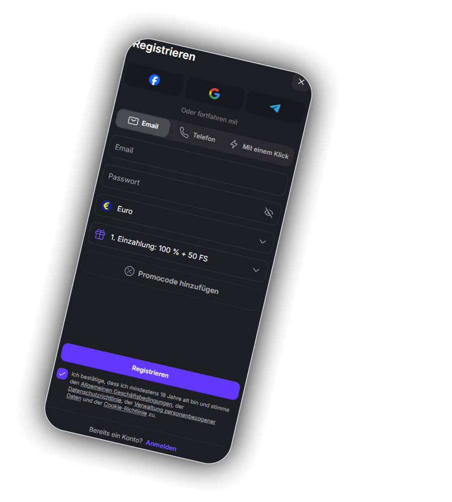 Zeppelin Fenster Registrieren auf dem Smartphone mit Knöpfen für Facebook, Google und Telegram, dem Hinweis Oder fortfahren mit, den Reitern Email, Telefon und Mit einem Klick, Feldern für Email und Passwort, der Währung Euro, der Bonuswahl 1. Einzahlung 100 Prozent plus 50 FS, dem Feld Promocode hinzufügen, einem violetten Knopf Registrieren, einem Häkchen zur Bestätigung von Alter und Bedingungen und dem Link Bereits ein Konto Anmelden