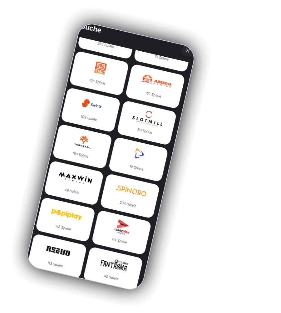 Zeppelin Anbietersuche auf dem Smartphone mit weissen Karten für Retro Gaming mit 106 Spielen, Amigo Gaming mit 157, Swintt mit 199, Slotmill mit 60, Yggdrasil mit 166, Maxwin Gaming mit 49, Spinoro mit 234, Popiplay mit 92, Readyplay Gaming mit 84, Reevo mit 113 und Fantasma Games mit 42 Spielen