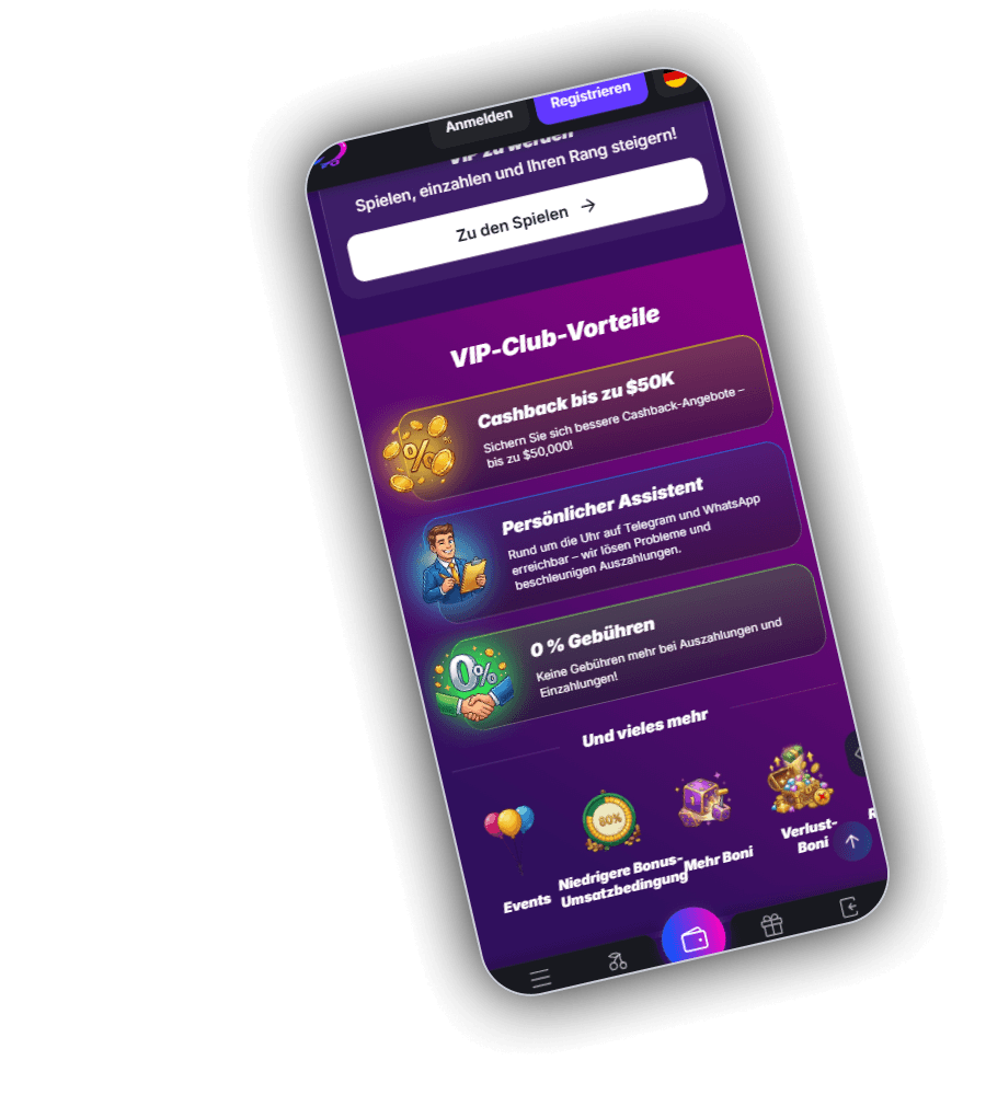 Zeppelin VIP-Seite auf dem Smartphone in Violett mit dem Satz Spielen, einzahlen und Ihren Rang steigern, einem Knopf Zu den Spielen und dem Block VIP-Club-Vorteile mit Cashback bis zu 50K Dollar, Persönlicher Assistent über Telegram und WhatsApp und 0 Prozent Gebühren, darunter Und vieles mehr mit Events, Niedrigere Bonus-Umsatzbedingung, Mehr Boni und Verlust-Boni